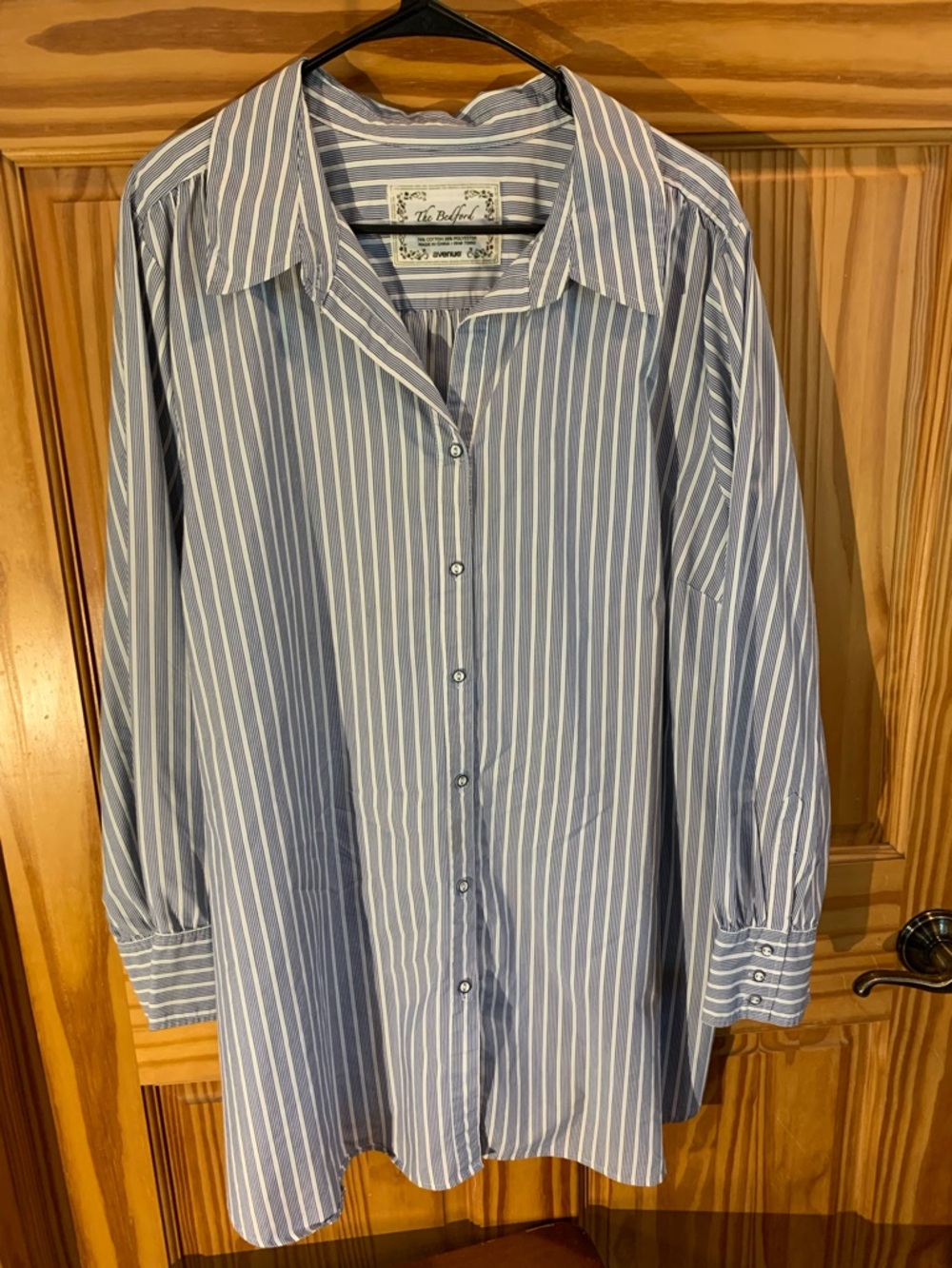 Avenue Blue and White Vertical Stripe Casual Button-Down Shirt